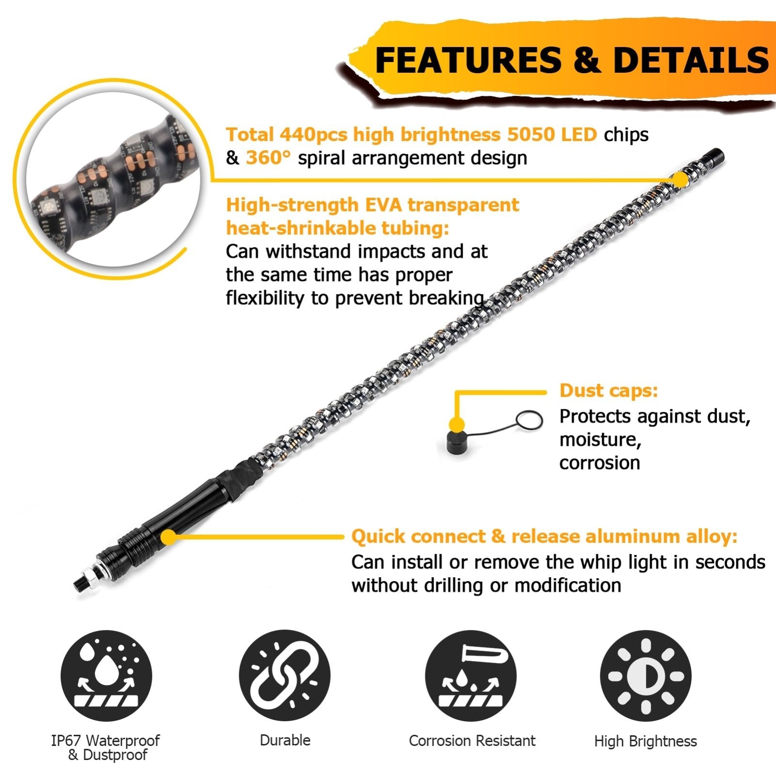 UTV ATV 2Pcs 4FT LED Spiral RGB Whip Lights Chasing Lighted Antenna Whips | RF Remote Controller & APP - WeiSen - 80204012