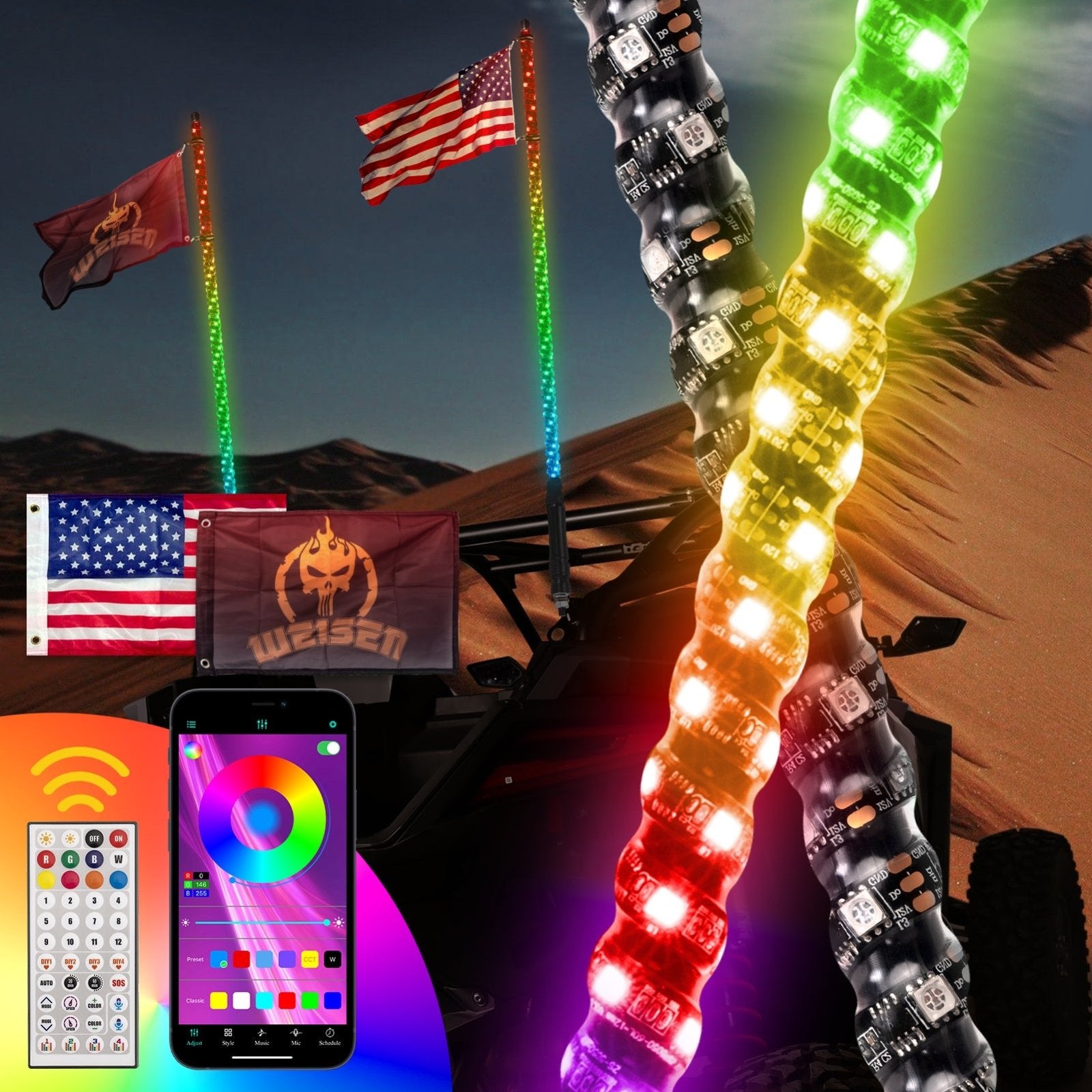 UTV ATV 2Pcs 4FT LED Spiral RGB Whip Lights Chasing Lighted Antenna Whips | RF Remote Controller & APP - Weisen