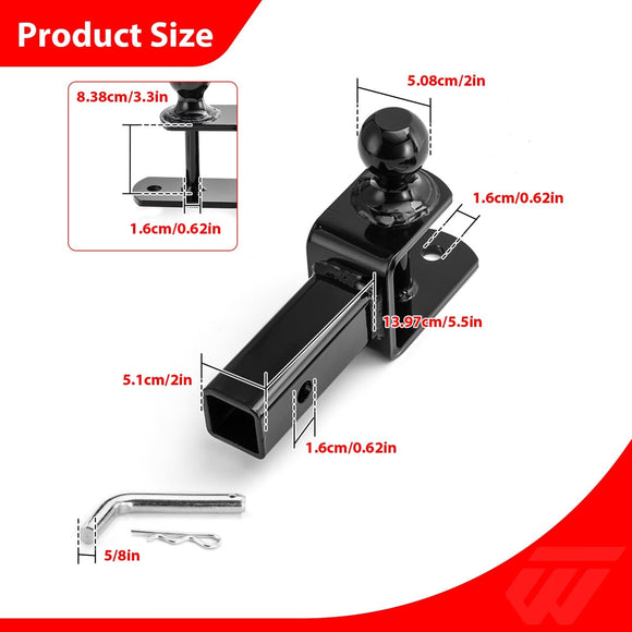 UTV ATV 3 in 1 Ball Mount with 2" Trailer Ball, Universal Fit for 2x2" Receiver Hitch, Winch Strap Loop, and Pin Hole - WeiSen - 80107029