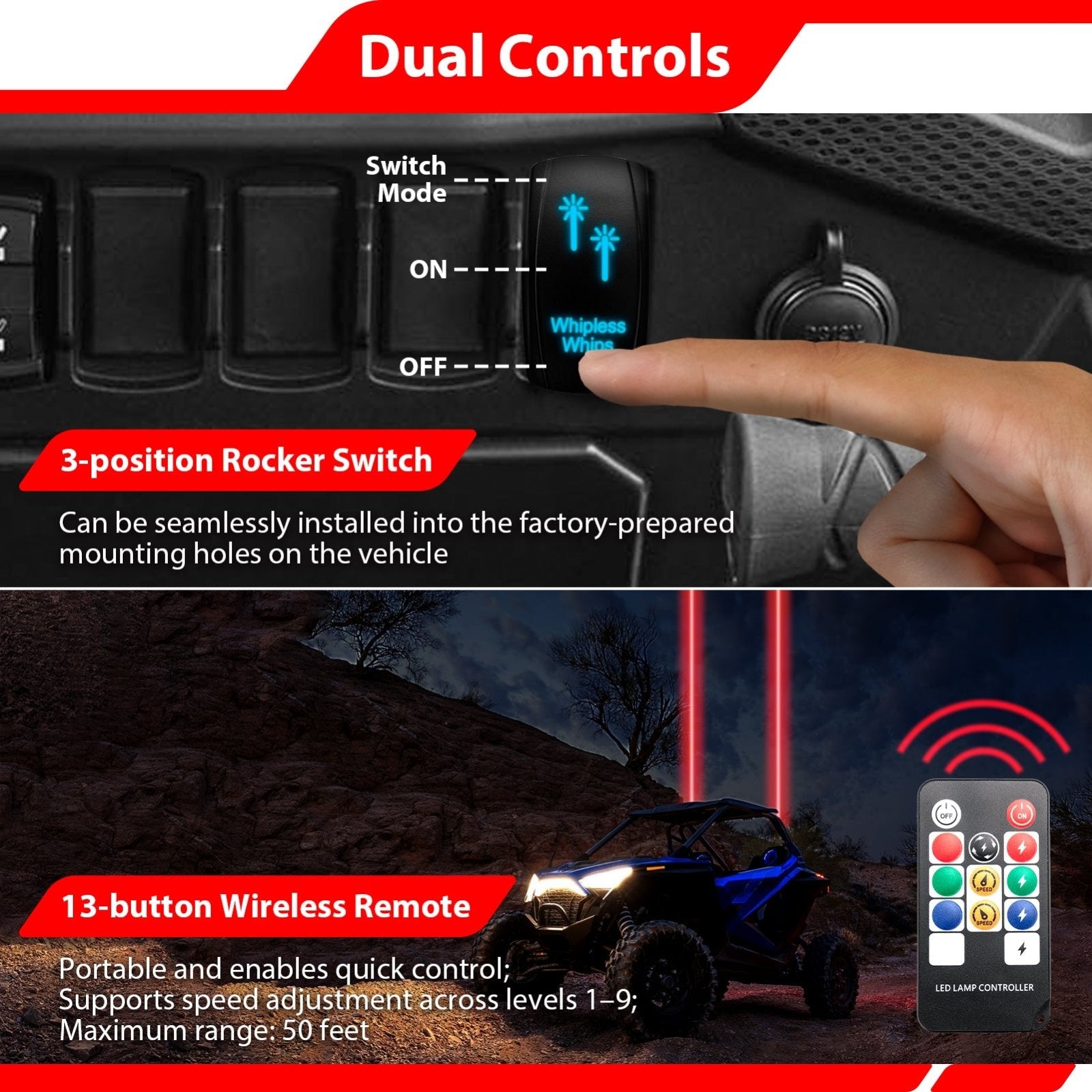 Whipless RGBW LED Whip Light | Wireless Remote Control | 9 Modes | Waterproof | for ATV UTV Truck Jeep SUV - WeiSen - 80204018