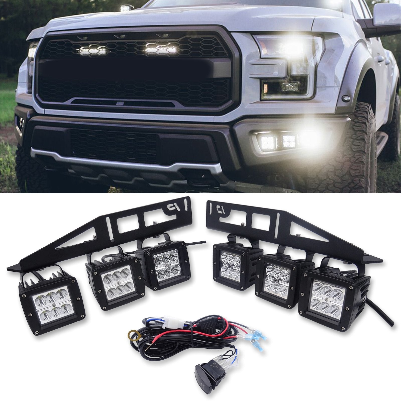 Ford Raptor 2017 - 2022 6x 18W fog lights for cars Cube Foglamp Mounting Brackets with Front Hidden Bumper - Weisen - ZT097+LED001*3+WI005 - A