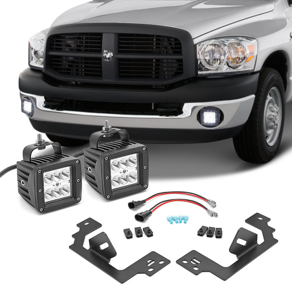 Dodge Ram 1500 2500 3500 Front Bumper Fog Light Mounting Brackets and 2x 3" LED Cube lights - WeiSen - ZT076+LED001+WI011