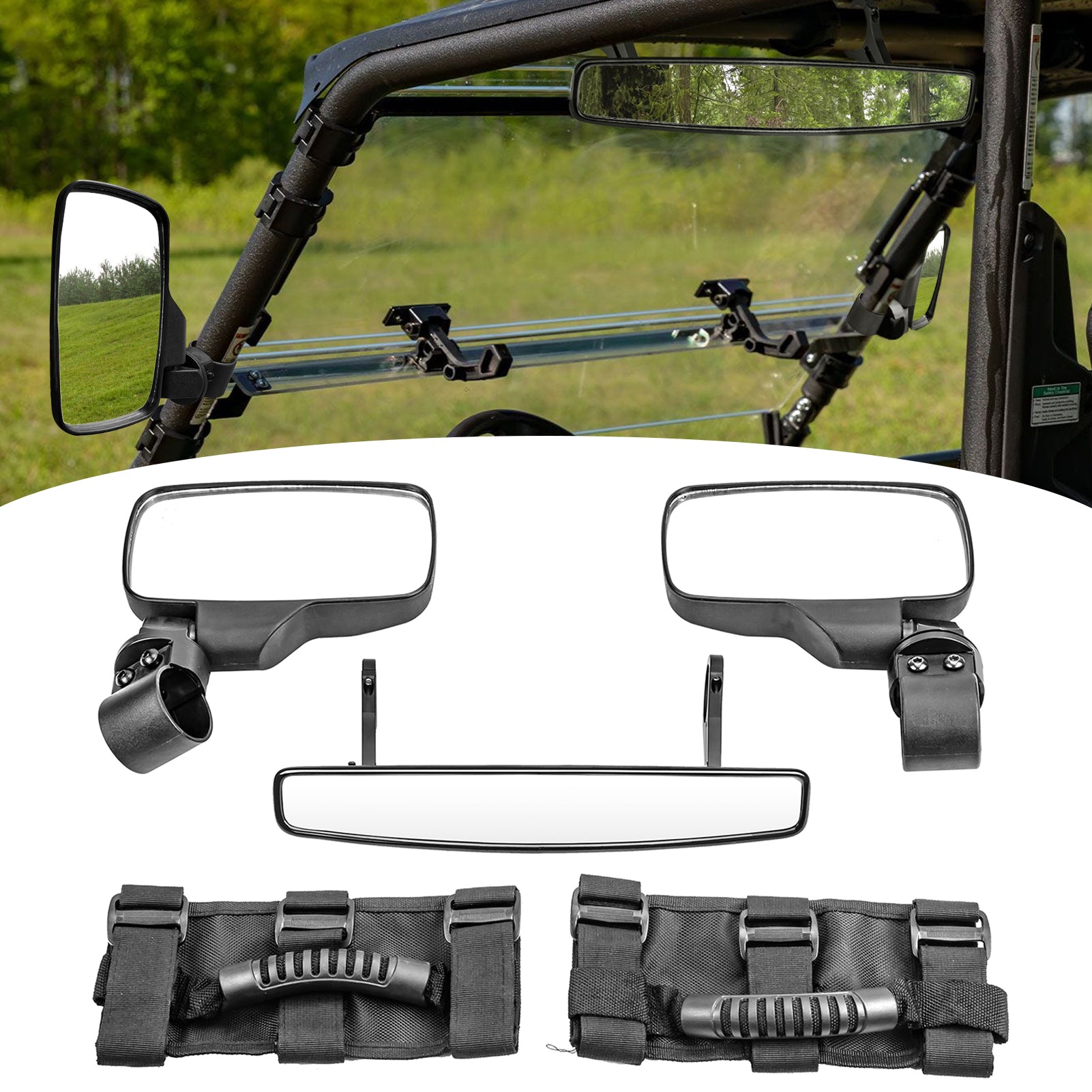 UTV Polaris | Can-Am | Kawasaki | Honda 2" Round Cage Bar Center Side View Mirror Handle Grab Kit