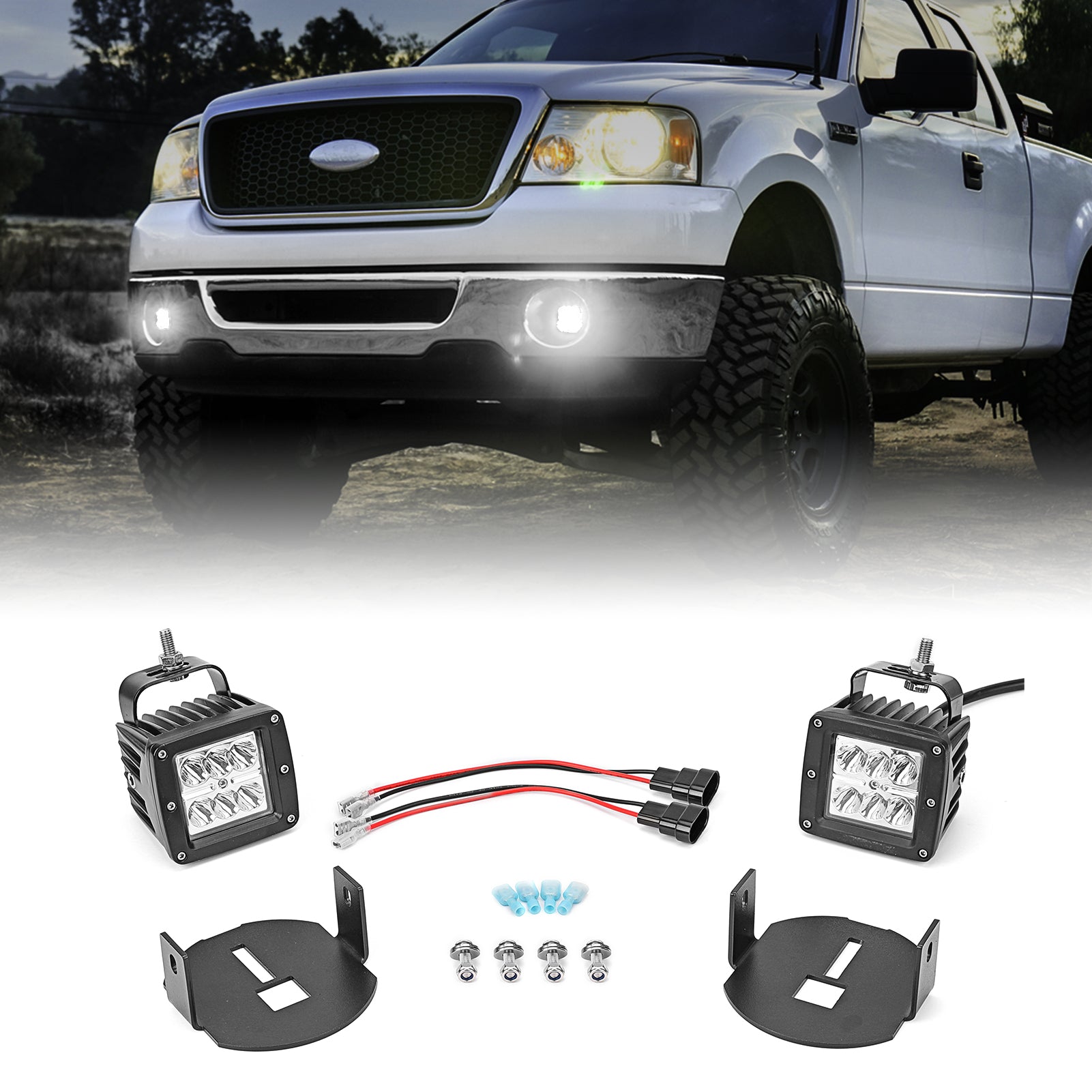 Ford F150 Front Bumper Foglamp Replacement Mount brackets and 2x 18W 3" LED Fog Lights with Wiring Kit - WeiSen - ZT087+LED001+WI011