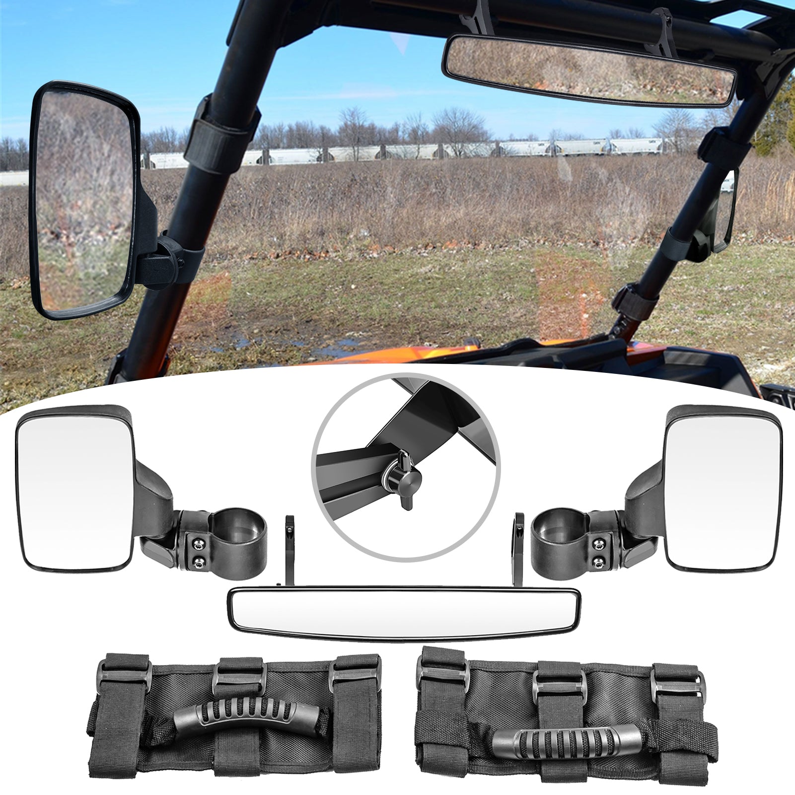 Polaris Ranger | Yamaha | John Deere | Can-Am | Kawasaki | Honda 1.5" Roll Bar Center Side Rearview Mirror+Handle Grab