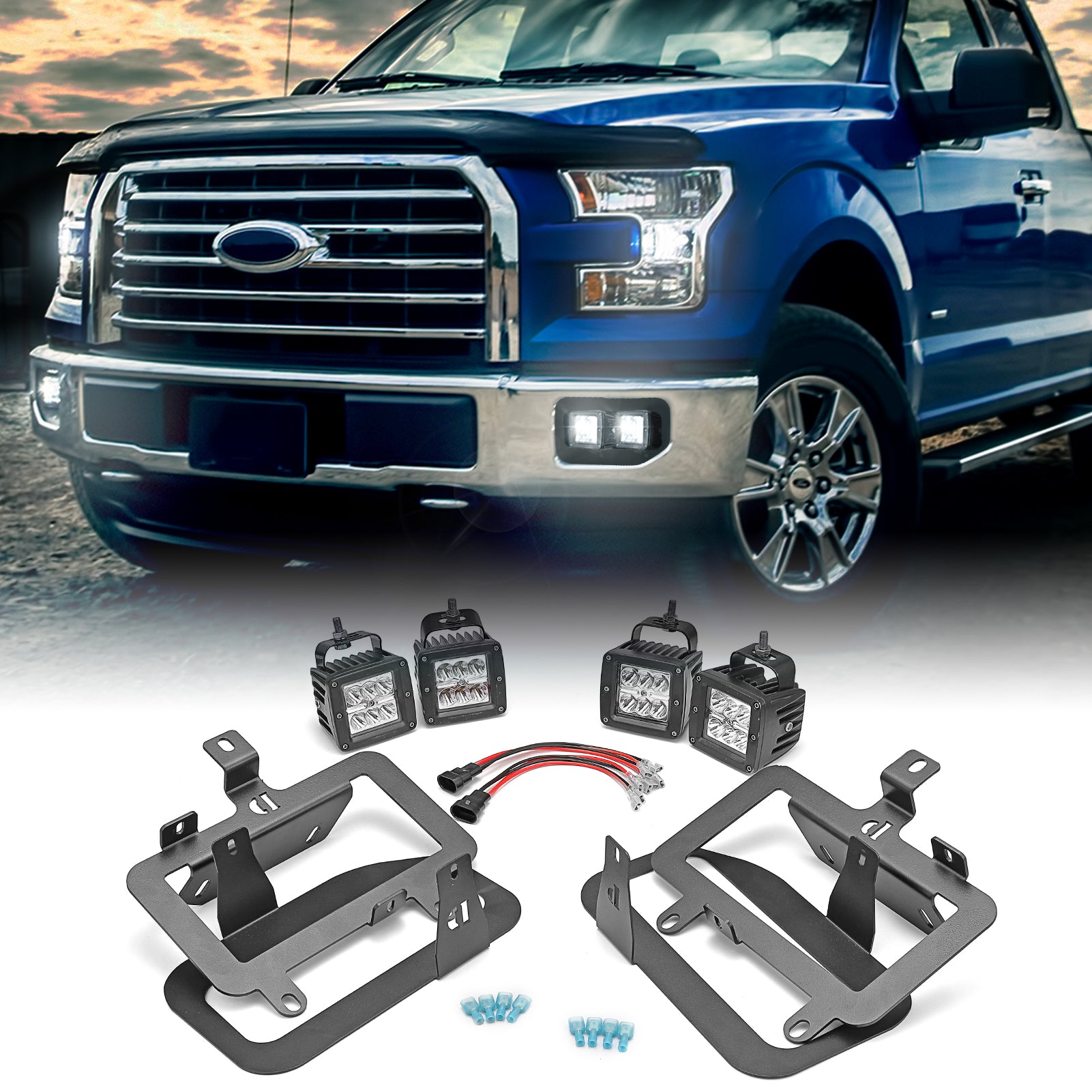 Ford F150 4x 18W 3 inch LED Fog Lights and Front Bumper FogLamp Mount Brackets with Wiring Kit - WeiSen - ZT078+LED001*2+WI011 - A