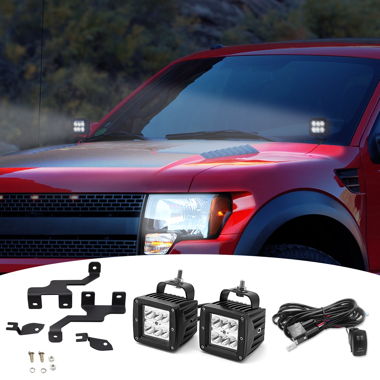 Ford F150 SVT Raptor F-150 Hood Side Pillar Light Bar Pod Mount Bracket+Rocker Switch Wiring - Weisen