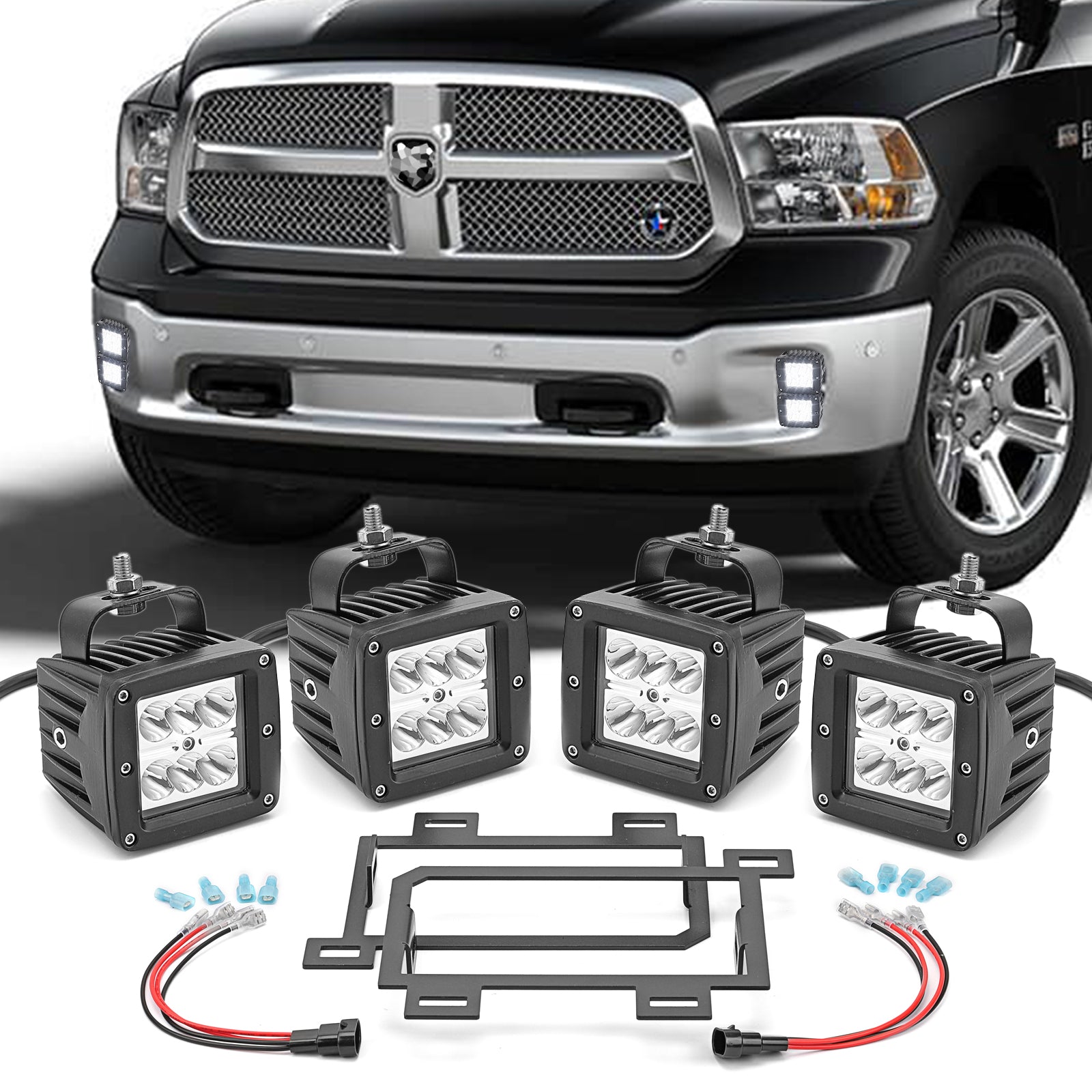 Dodge RAM 1500 4x 18W 3 inch LED Fog Lights and Front Bumper FogLamp Mount Brackets with Wiring Kit - Weisen