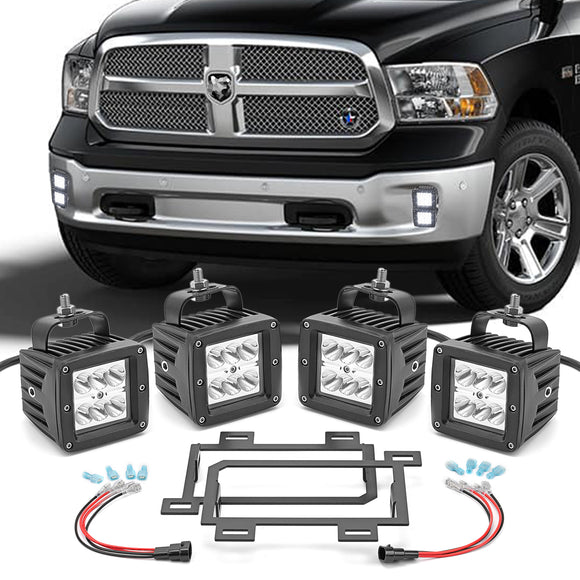 Dodge RAM 1500 4x 18W 3 inch LED Fog Lights and Front Bumper FogLamp Mount Brackets with Wiring Kit - WeiSen - ZT077+LED001*2+WI011 - A