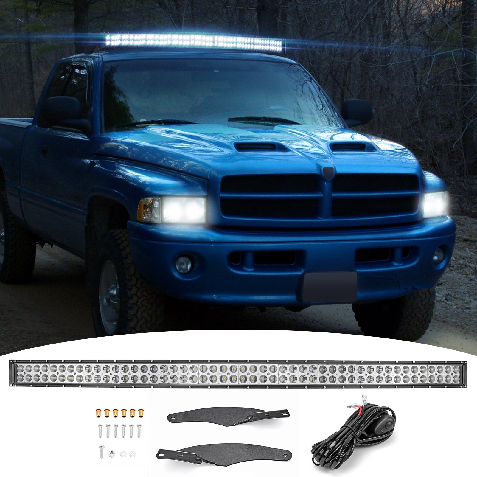 Dodge Ram 1500 2500 Upper Roof windshield Mount Brackets with 52" 300W Curved LED Light Bar and Wiring Kit - Weisen