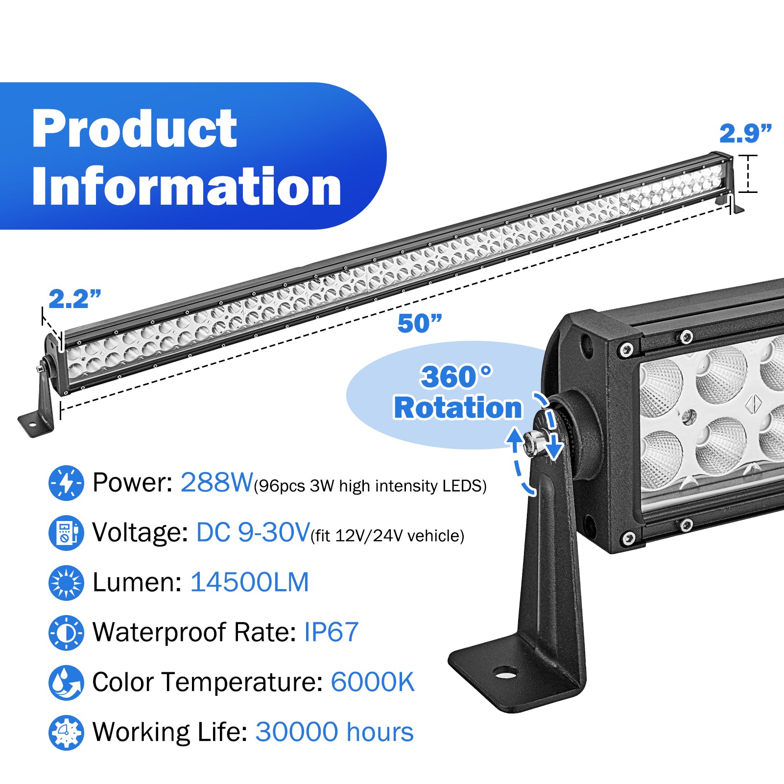 84 - 01 Jeep Cherokee XJ Upper Roof 50" LED Straight Light Bar Bracket Mount Kit - WeiSen - ZT005+LED007+WI001 - A+WI008