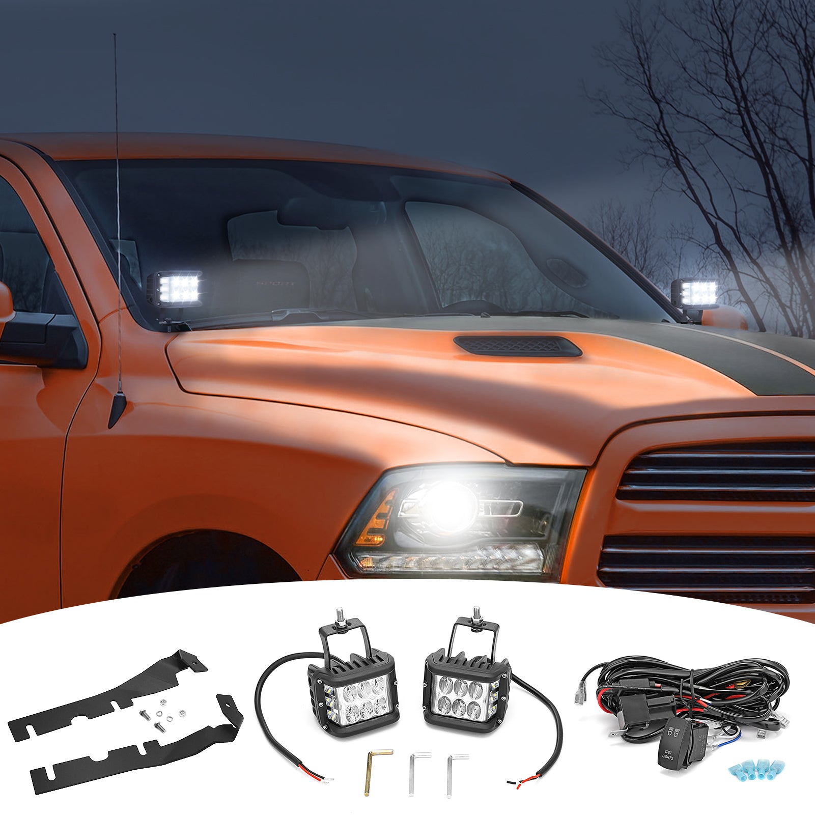 2009-2018 Dodge RAM 1500 2500 Side Pillar 60W LED Fog Light Pod Hood Bracket Kit - Weisen