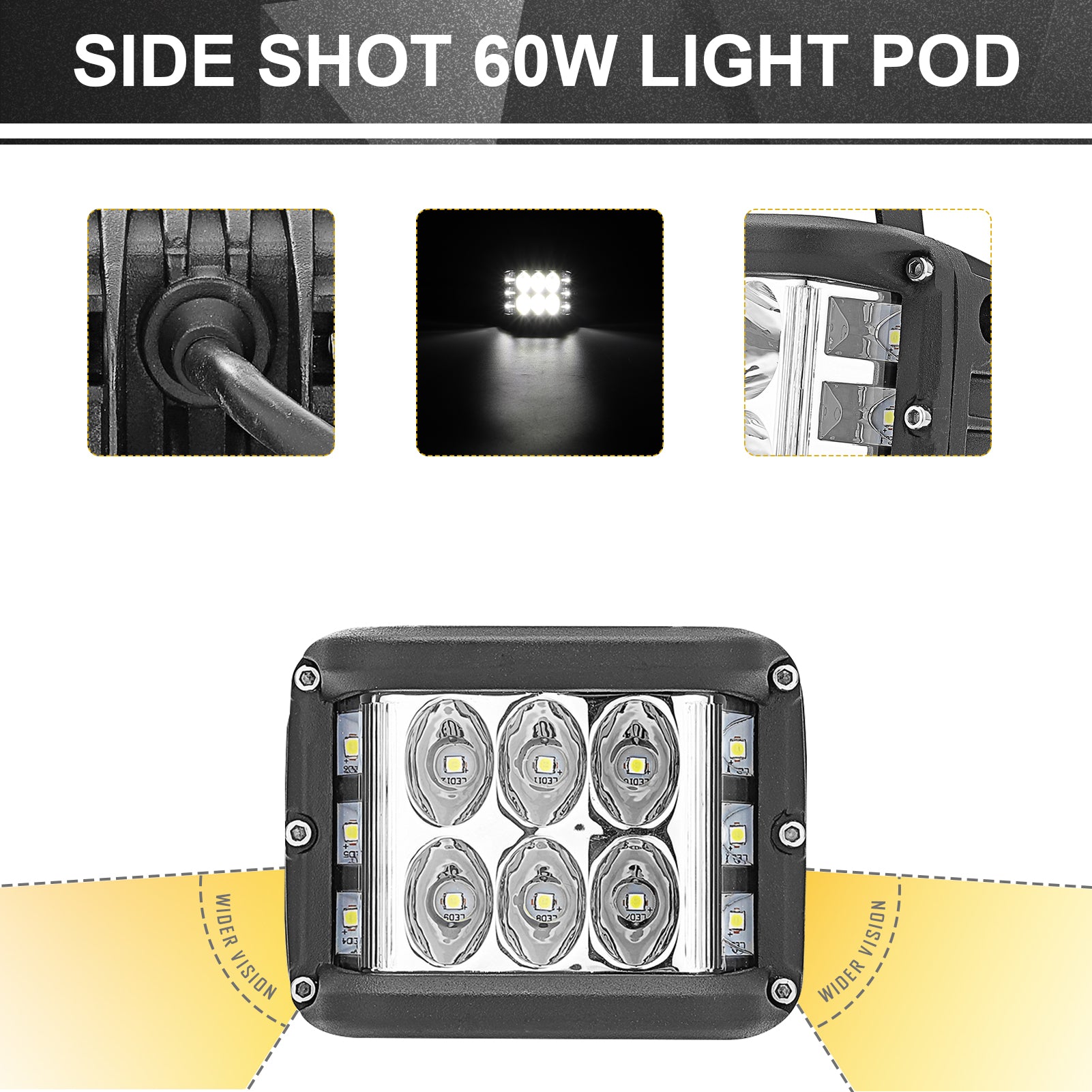 POLARIS RZR 900 XP 1000 60W Wide View LED Light Side Pillar Mount Switch Kit