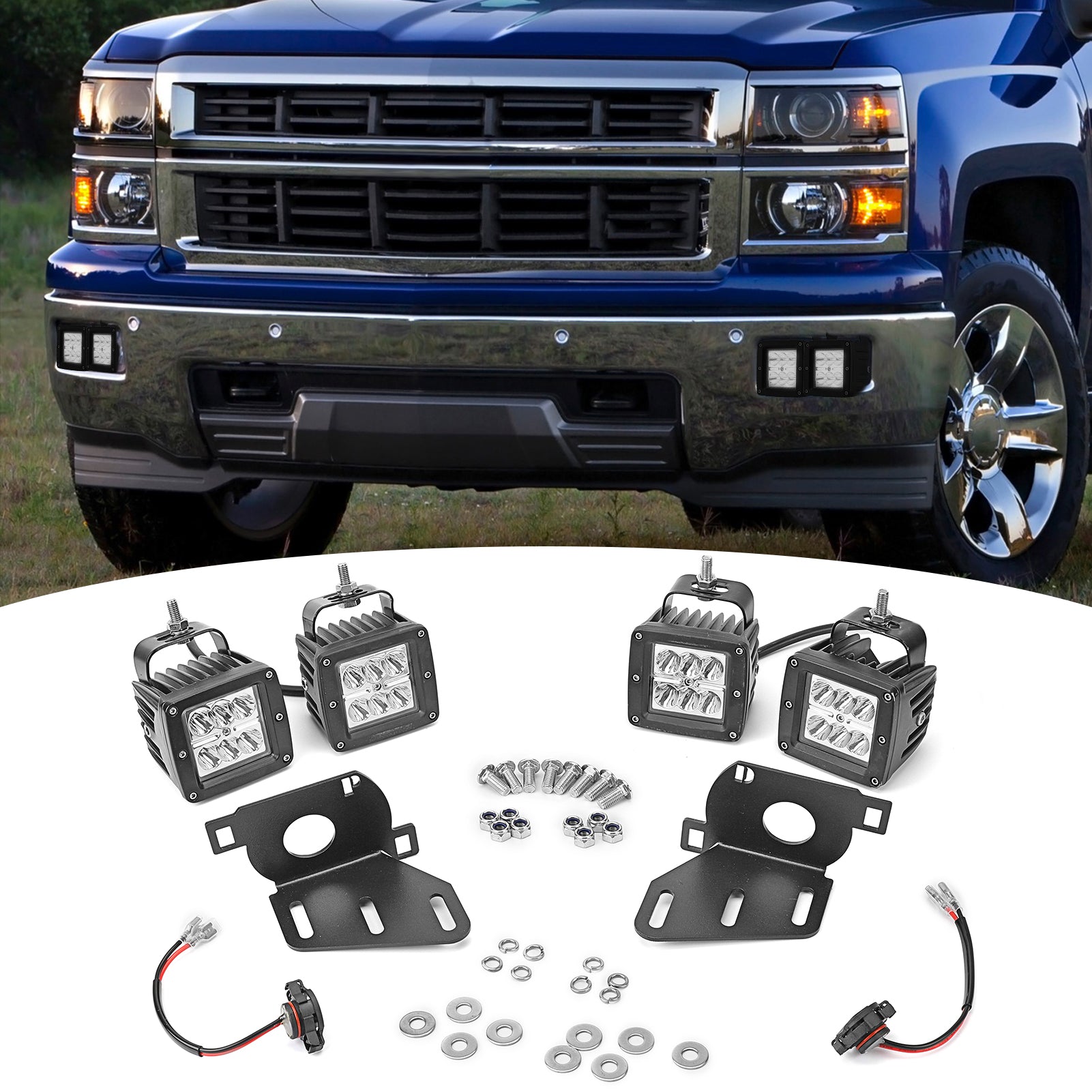 Chevy Silverado 1500 LED Pod lights with Hidden Bumper Fog Light Mounting Brackets Kit - WeiSen - ZT053+LED001*2+WI010