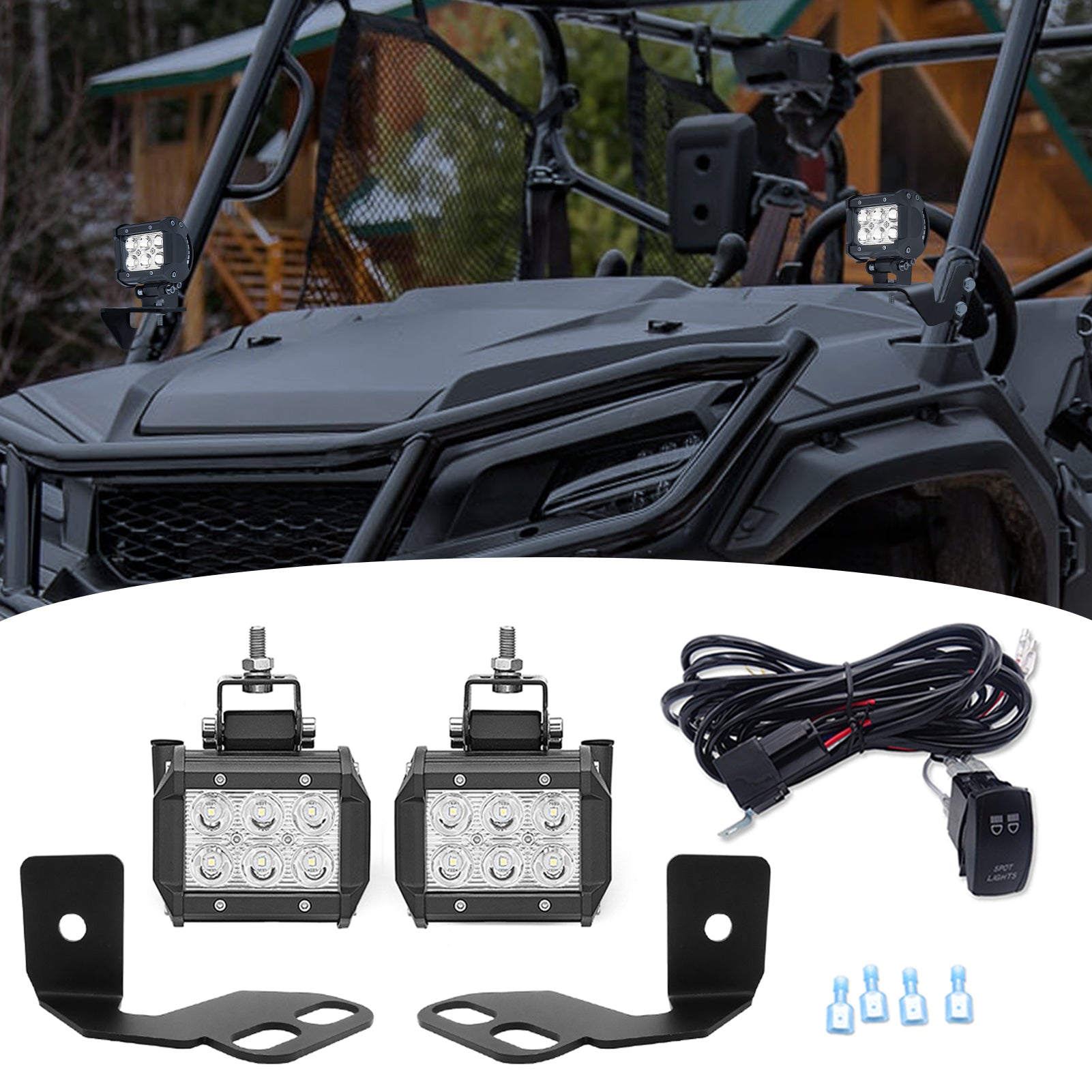 HONDA PIONEER 1000/700 Upper Hood Pillar 4" LED Cube Light Bracket Wire Kit - Weisen