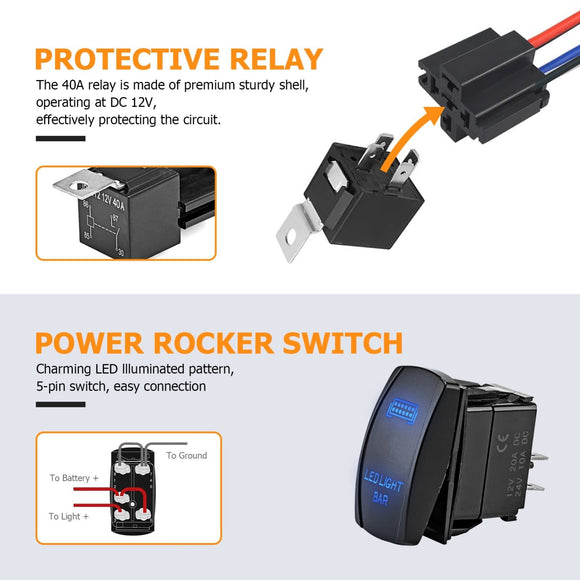 10FT LED Light Bar Wiring Harness Kit ON/OFF Rocker Switch Relay Fuse - WeiSen - 70203020