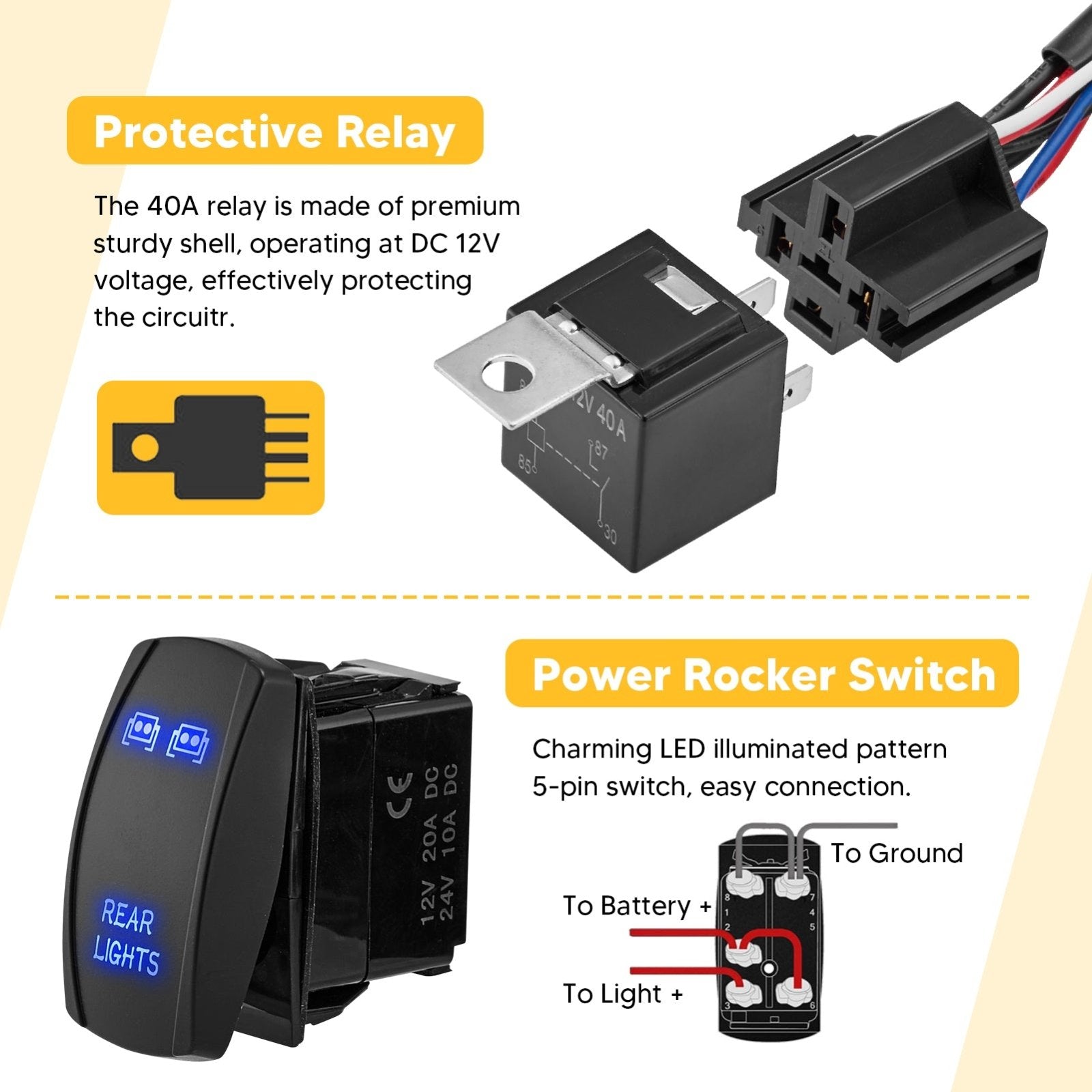 10ft Rear Lights Wiring Harness Kit 12V Fuse Relay ON/OFF Rocker Switch - Weisen