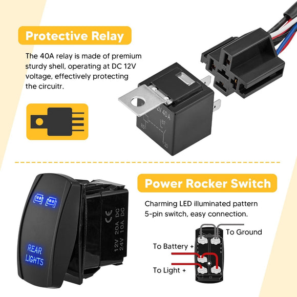 10ft Rear Lights Wiring Harness Kit 12V Fuse Relay ON/OFF Rocker Switch - WeiSen - WI005 - B