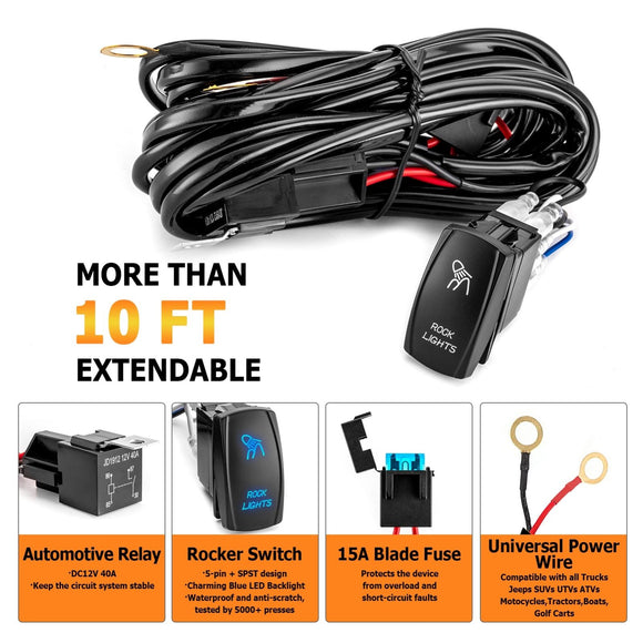 10FT Universal Off Road Rock Light Wiring Harness Kit for UTV ATV SUV Polaris RZR Maverick X3 Talon KRX YXZ - WeiSen - 80206022