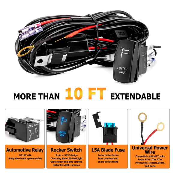 10FT Universal Off Road Whip Light Wiring Harness Kit for UTV ATV Jeep Truck Polaris RZR Maverick X3 Talon KRX YXZ - WeiSen - 80206021