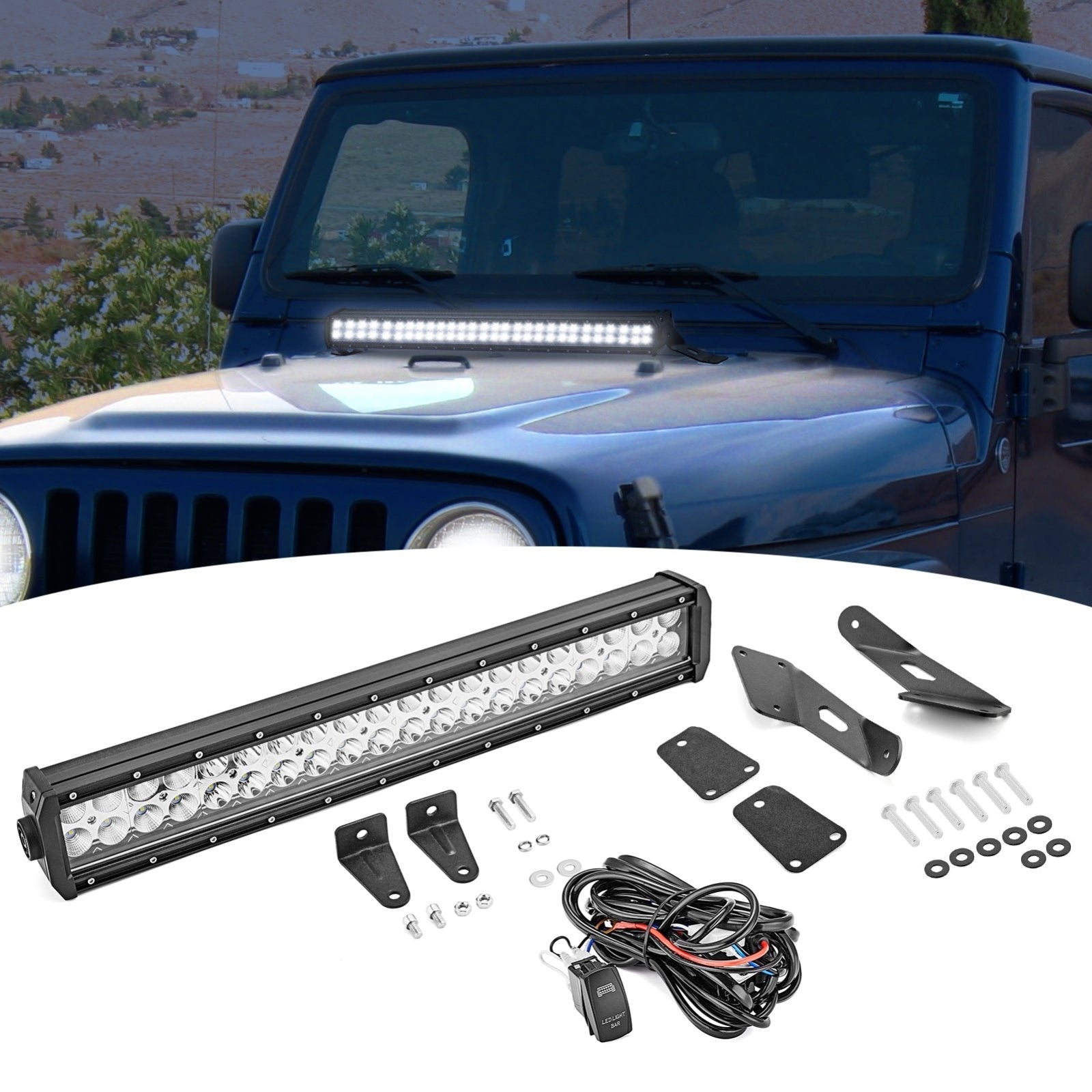 120W 22" Straight LED Light Bar and Upper Hood Brackets with Wiring Kit For Jeep Wrangler TJ 4WD、LJ4WD - Weisen