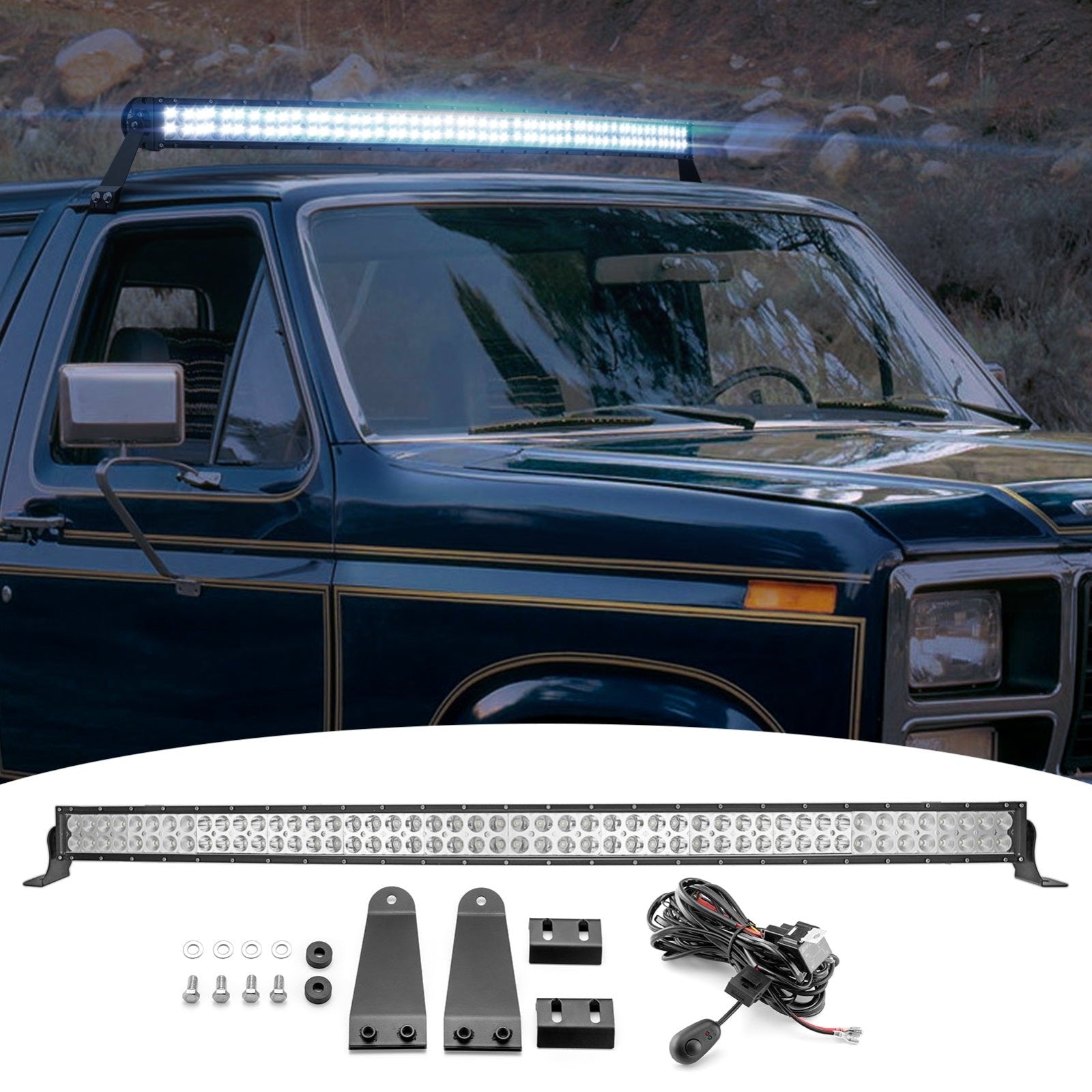 1966 - 1996 Ford Bronco F - 150 Roof 50" Curved LED Light Bar Brackets Mount Wire Kit - WeiSen - 70101024+LED010+WI001 - A