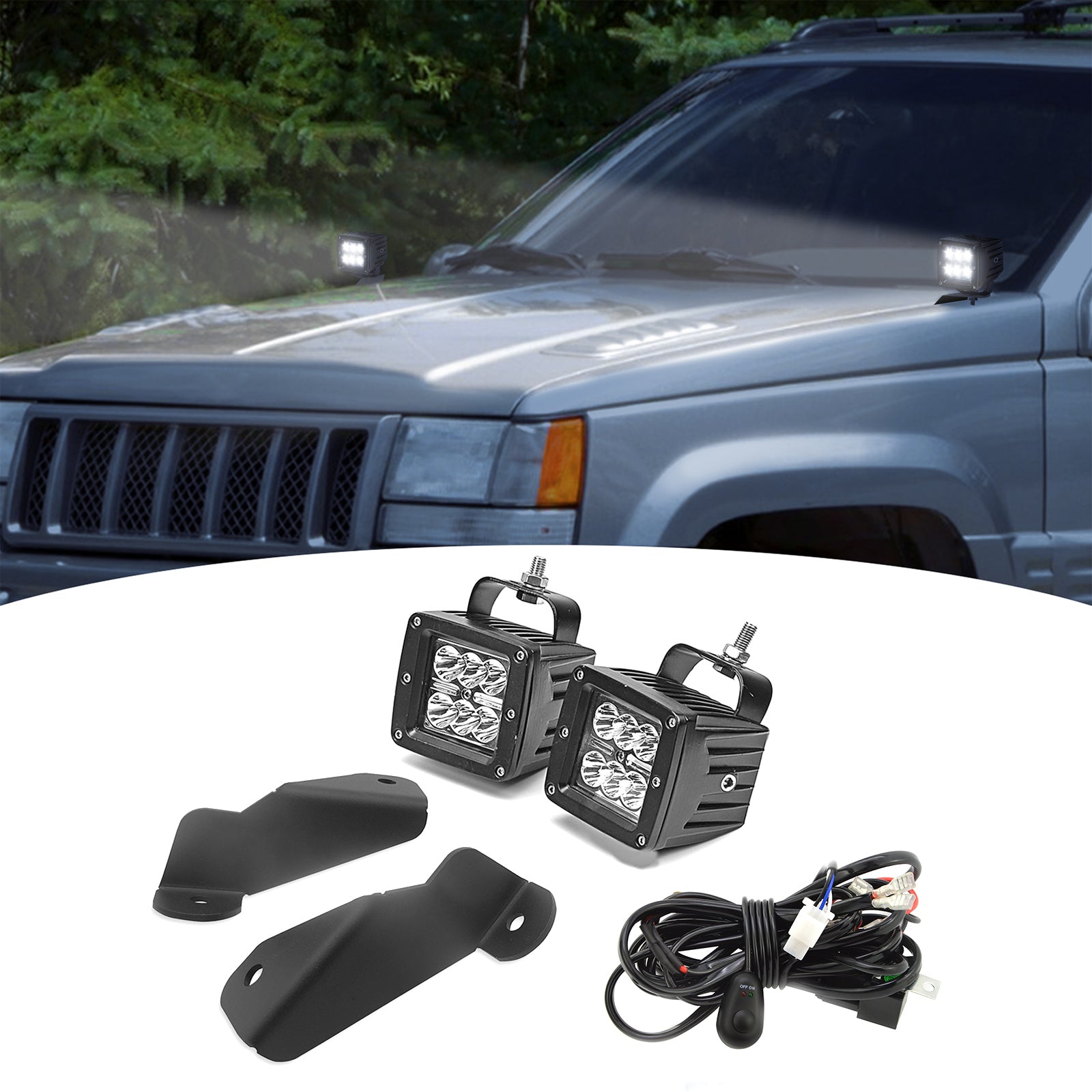 1993-1998 Grand Cherokee ZJ 4WD/2WD Side Hood Ditch LED Light Pod & Mount Bracket Kit - Weisen