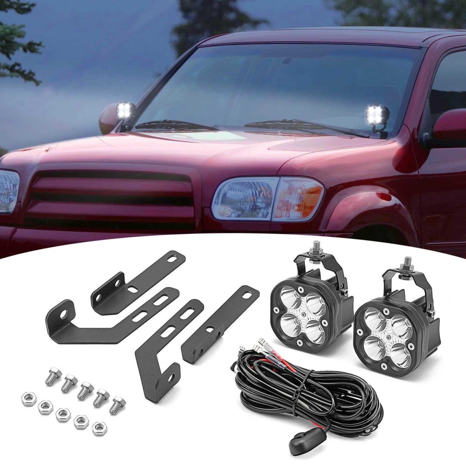 3" LED Light Pod + Hood Ditch Mount Brackets Wiring For Toyota 4Runner Tundra 2007-2024
