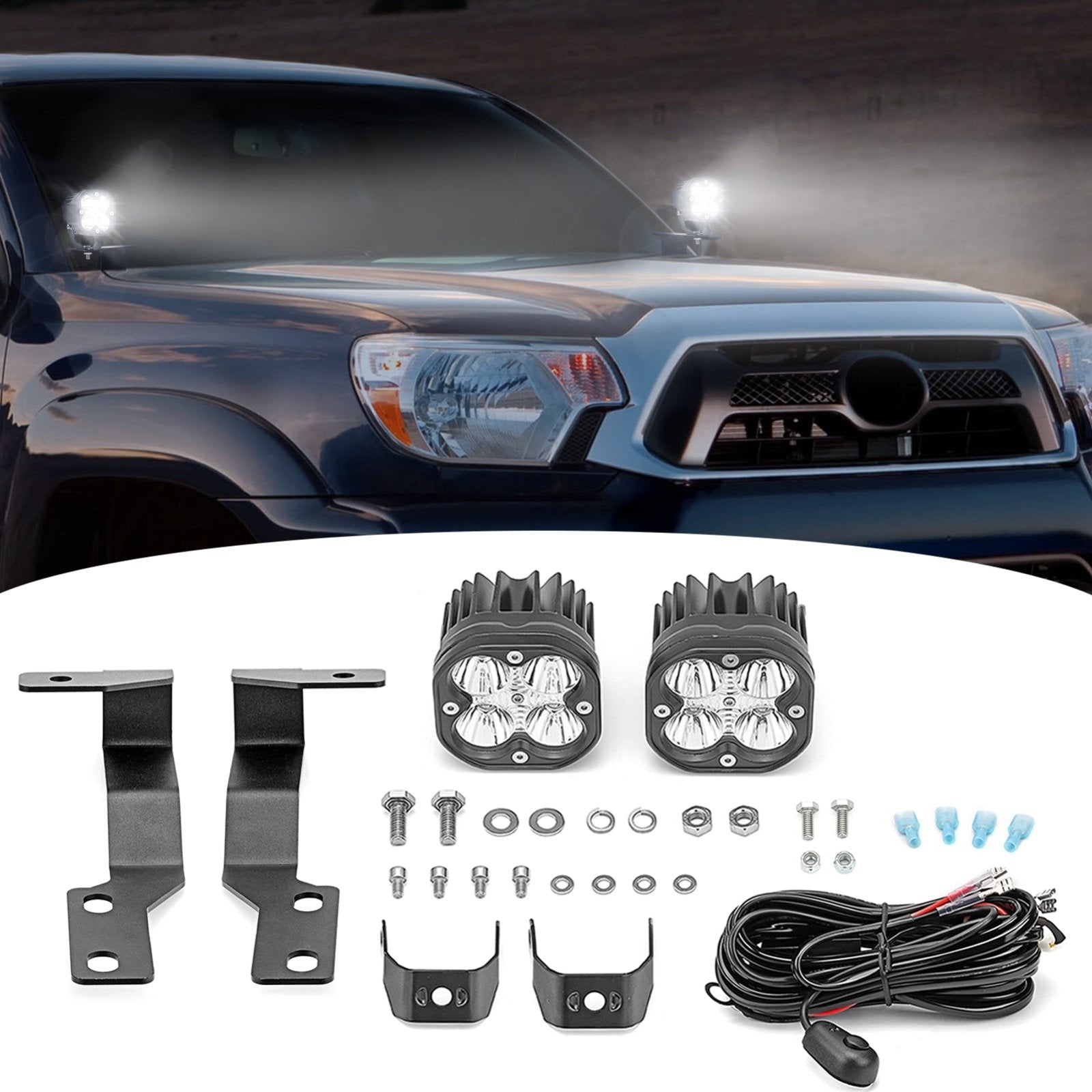 2005-2015 Toyota Tacoma Hood Ditch 40W High Power LED Light Pods Brackets Wire Kit - Weisen
