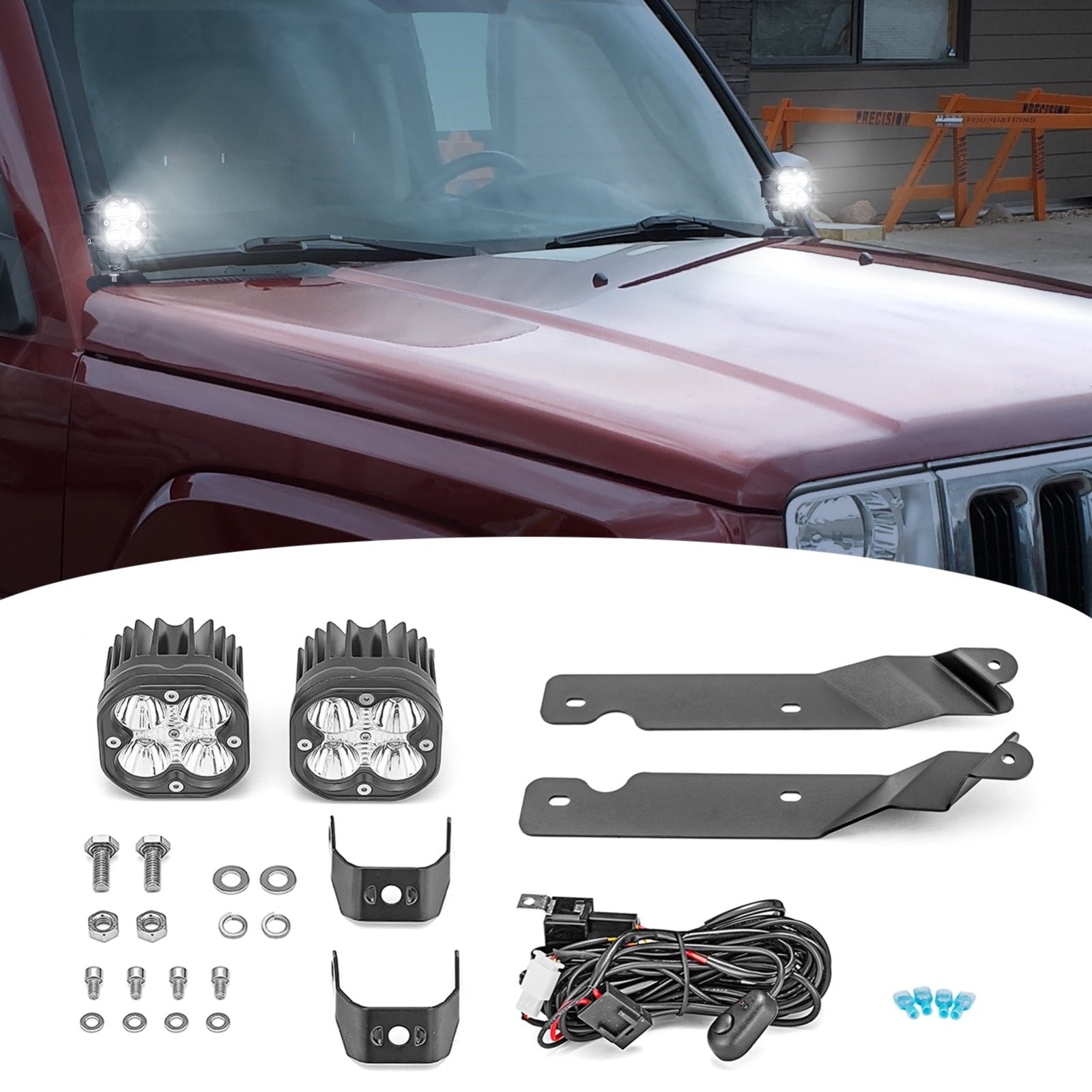 2006-2010 Jeep Commander XK Hood Ditch LED Light Pods Brackets Mount Wire Kit - Weisen