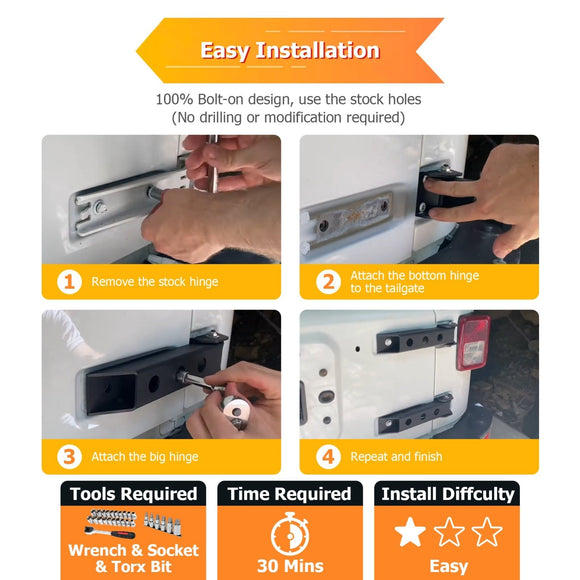 2007 - 2017 Jeep Wrangler JK Upgraded Heavy - Duty Steel Tailgate Hinges - WeiSen - 70303014