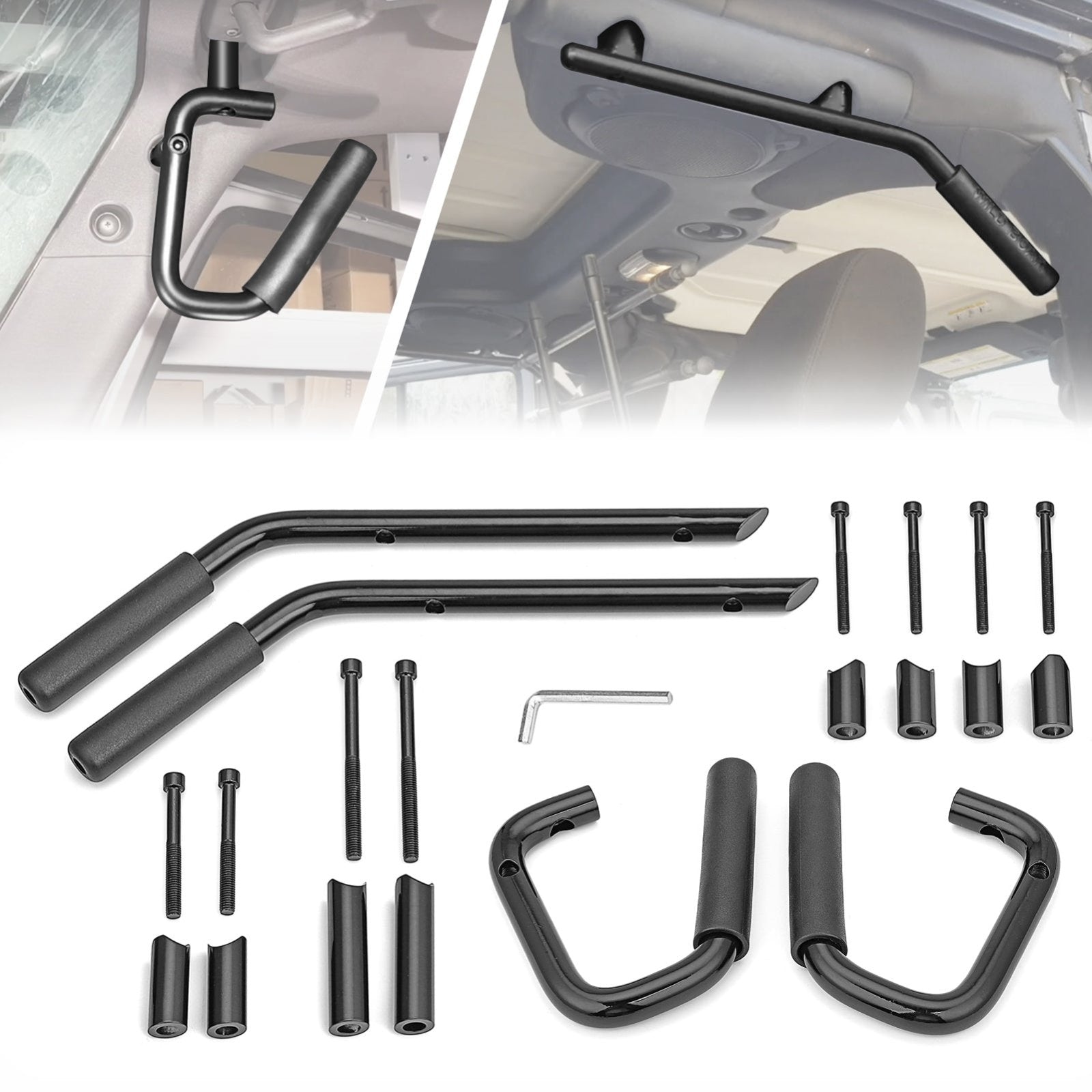 2007-2018 Jeep Wrangler JK Aluminum Gloss Black Front+Rear Grab Bar Handle Grip Set - Weisen