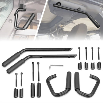2007 - 2018 Jeep Wrangler JK Aluminum Gloss Black Front+Rear Grab Bar Handle Grip Set - WeiSen - 70307006