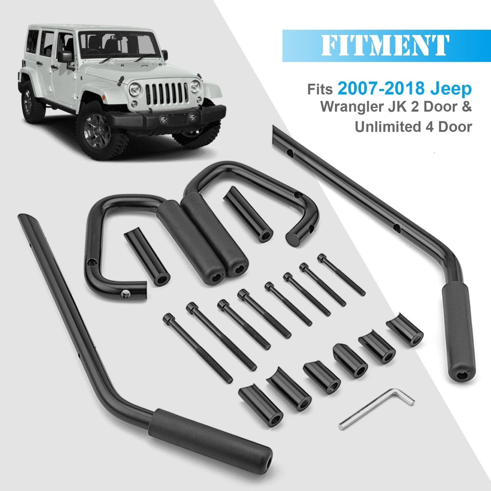 2007-2018 Jeep Wrangler JK Aluminum Gloss Black Front+Rear Grab Bar Handle Grip Set - Weisen