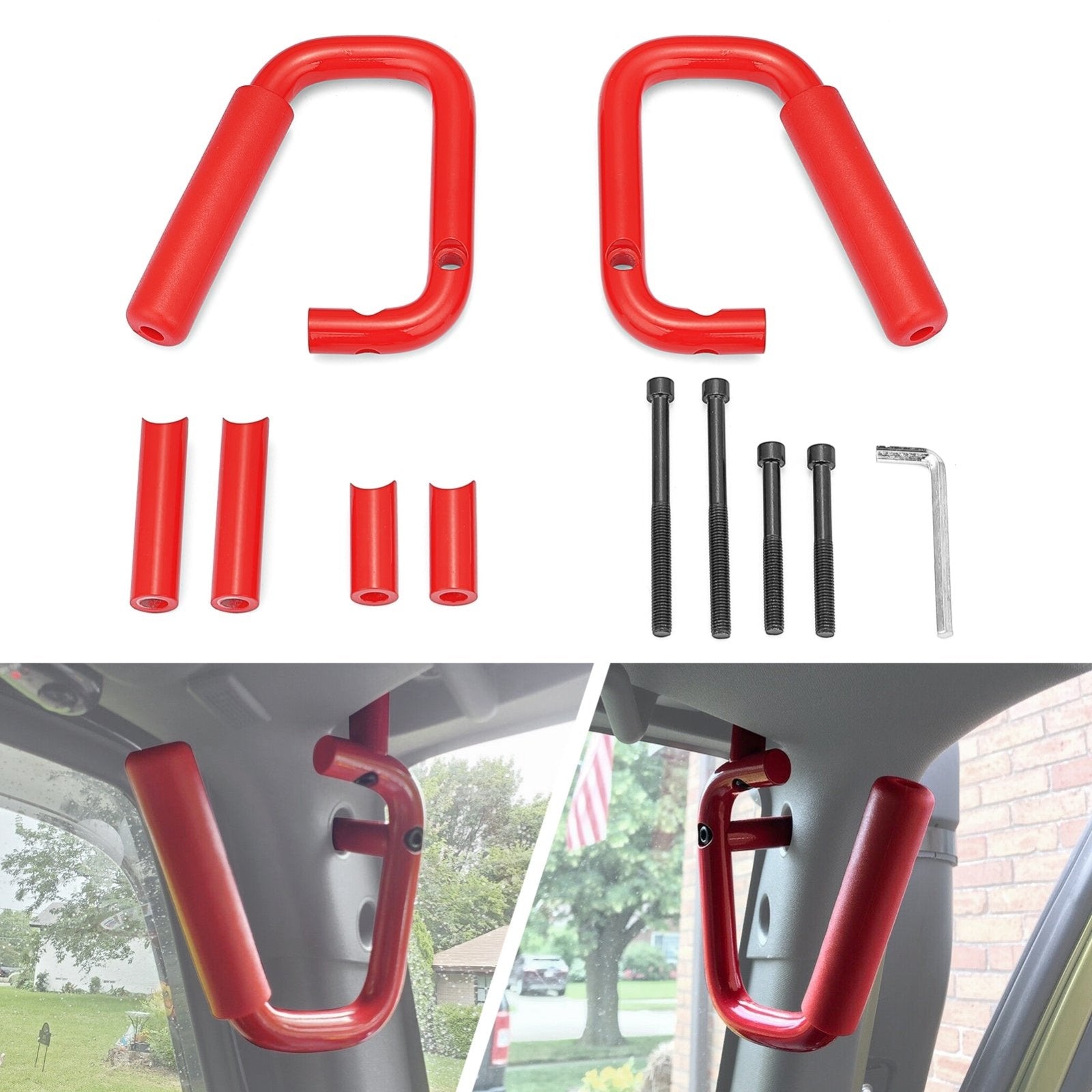 2007-2018 Jeep Wrangler JK Driver & Passenger Side Red Aluminum Grab Bar Handle Grip Kit - Weisen