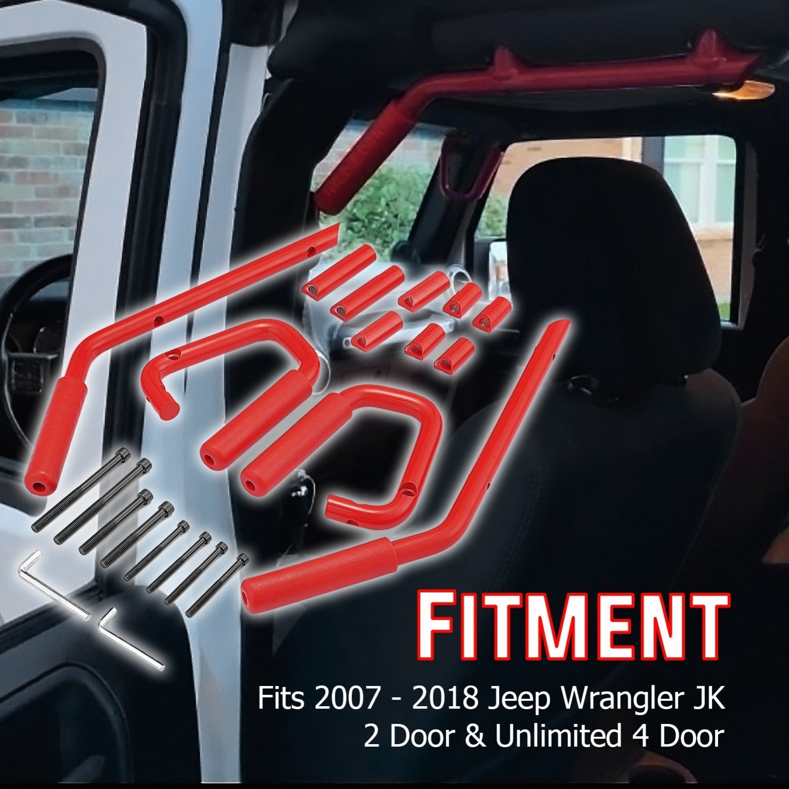 2007-2018 Jeep Wrangler JK Red Aluminum Front&Rear Grab Bar Handle Grip Kit - Weisen