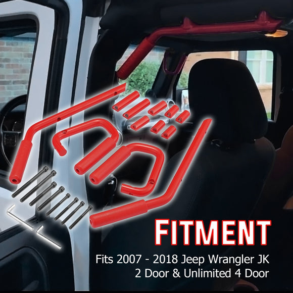 2007 - 2018 Jeep Wrangler JK Red Aluminum Front&Rear Grab Bar Handle Grip Kit - WeiSen - 70307003