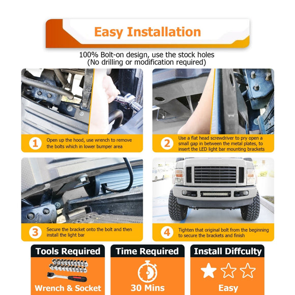 2008 - 2010 2nd Gen Ford F - 250 F - 350 F - 450 Super Duty Front Bumper Lower Grill Hidden 22" Straight Light Bar Mounting Bracket - WeiSen - 70102054