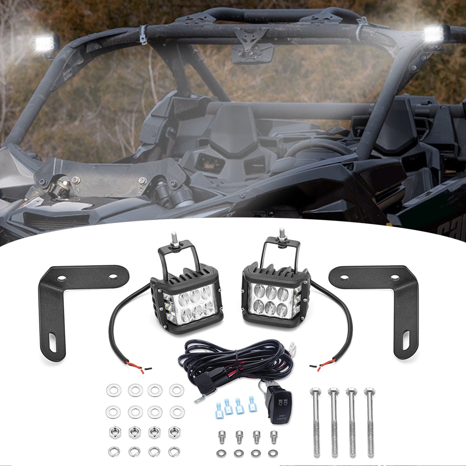 2017- 2022 Can Am Maverick X3 A-Pillar 60W LED Work Light Pods Bracket Wire Kit - Weisen