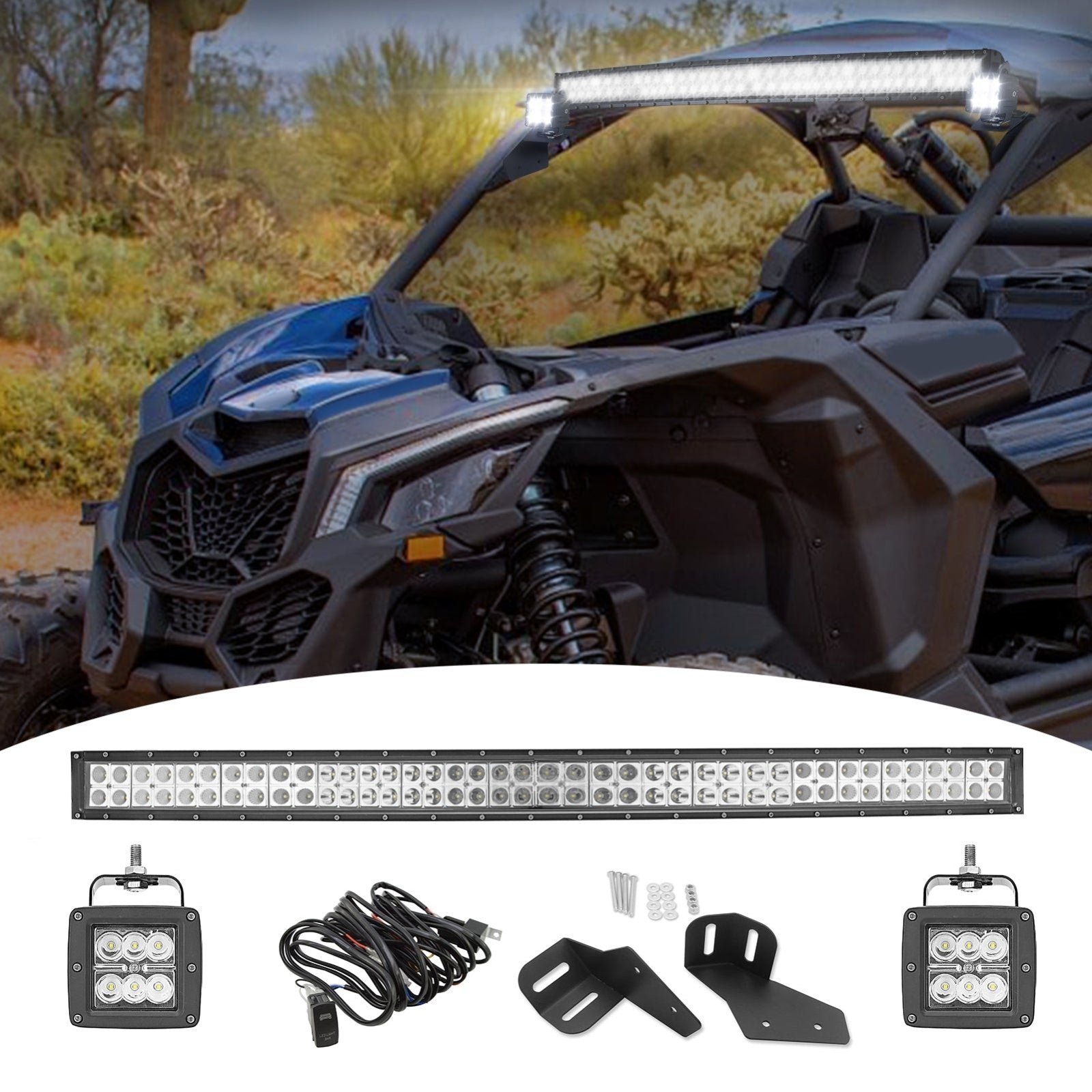 2017+ Can - am Maverick X3 Max Roof 42" Curved LED Light Bar+LED Light Pod Mounts Wire - WeiSen - ZT009 - B+LED001+LED009+WI004