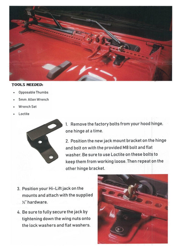 2018 - 2023 Jeep Wrangler JL Hi Lift Jack Mount Hood Hinge Mounting Brackets - WeiSen - ZT134