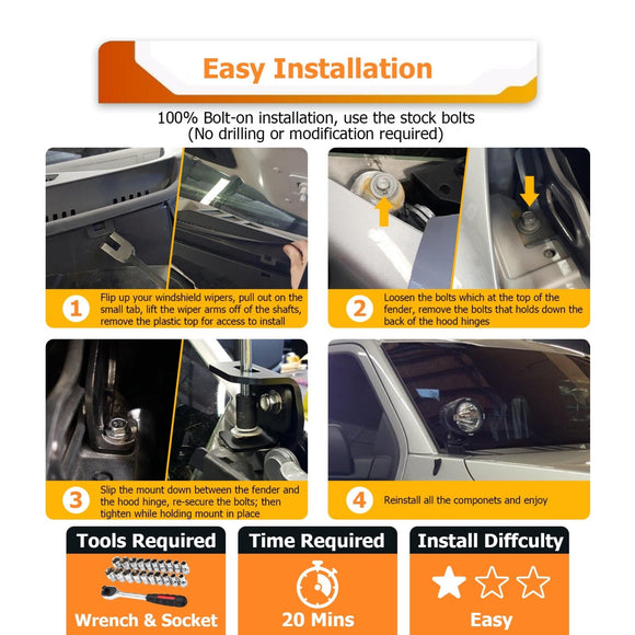 2018+ 4th Gen Ford Expedition Heavy Duty Steel Hood Hinge LED Work Light Mount Bracket - WeiSen - 70104054