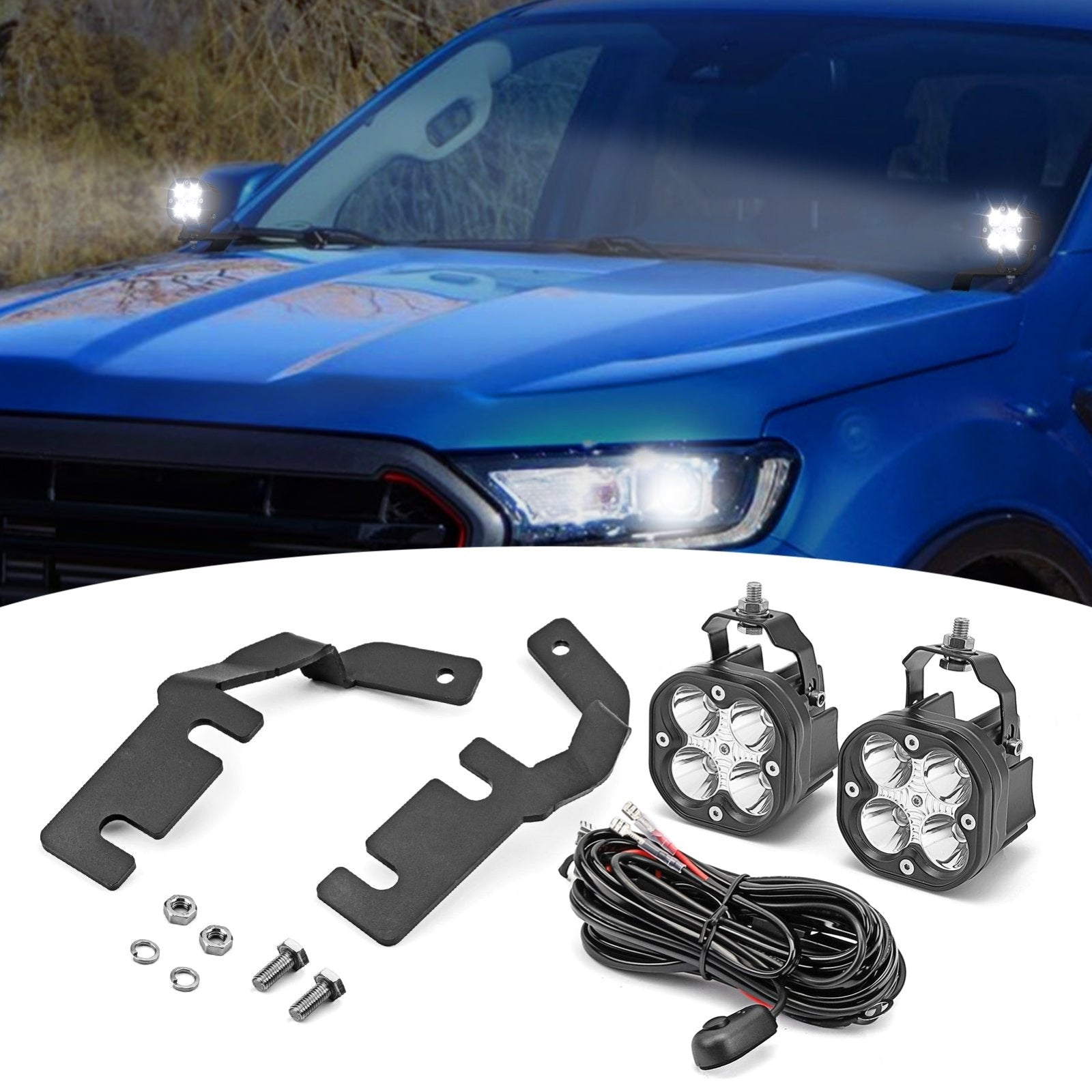 2019-2023 Ford Ranger Hood Ditch 40W LED Light Pods Brackets Mount Wire Kit - Weisen