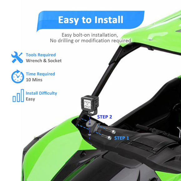 2020 - 2024 Kawasaki Teryx KRX 1000 A Pillar 24W LED Work Light Pod Kit - WeiSen - 80102018+LED001+WI001