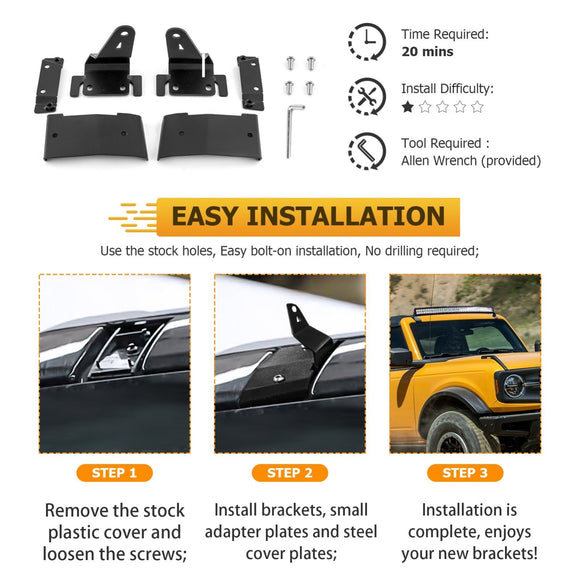 2021 - 2024 Ford Bronco 2/4 Door Upper Windshield 42" Curved Light Bar Mounting Bracket - WeiSen - 70101040