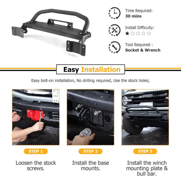 2021 - 2024 Ford Bronco Steel Front Bumper Bull Bar with Winch Frame & D - rings Bracket - WeiSen - 70306003