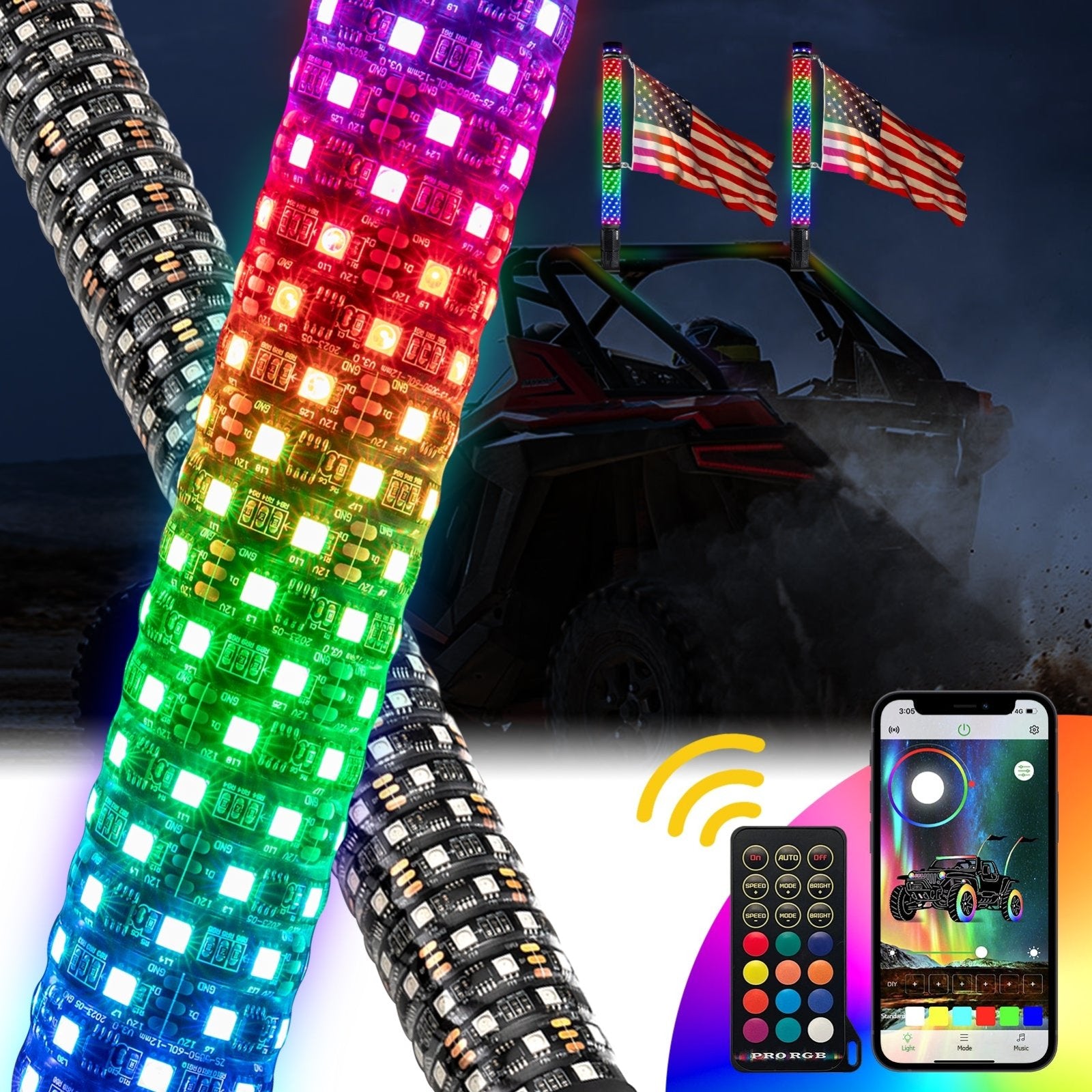 Atv Flags 2Pcs 2FT Spiral RGB LED Whip Light w/ Flags for UTV ATV Truck | Blueto ...