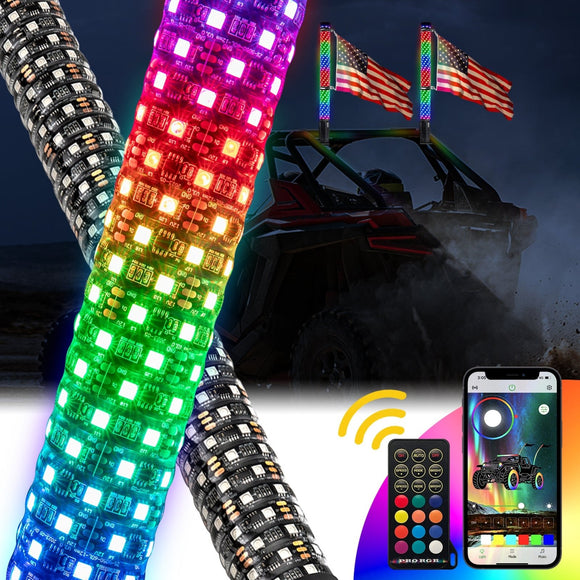 2Pcs 2FT Spiral RGB LED Whip Light w/ Flags for UTV ATV Truck | Bluetooth&Remote Control - WeiSen - 80204006