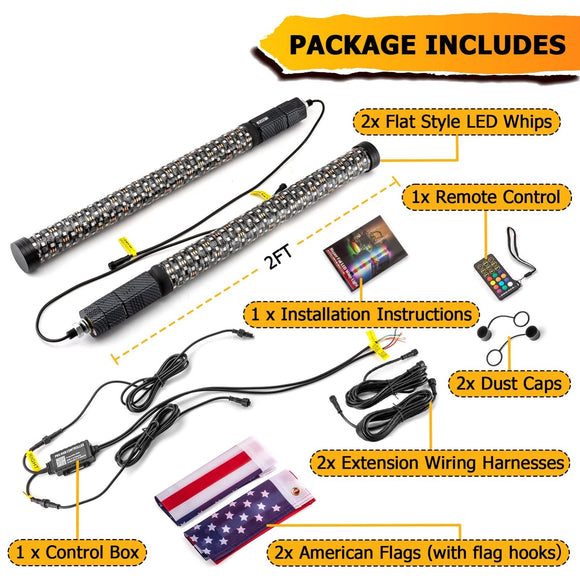 2Pcs 2FT Spiral RGB LED Whip Light w/ Flags for UTV ATV Truck | Bluetooth&Remote Control - WeiSen - 80204006