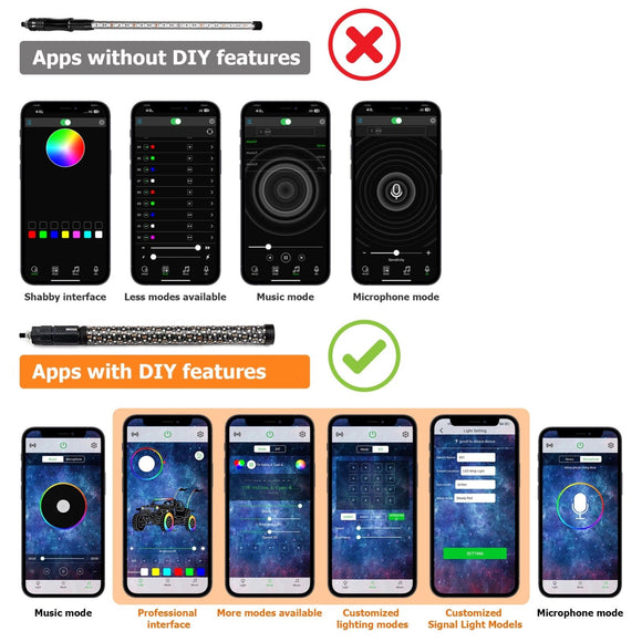 2Pcs 2FT Spiral RGB LED Whip Light w/ Flags for UTV ATV Truck | Bluetooth&Remote Control - WeiSen - 80204006